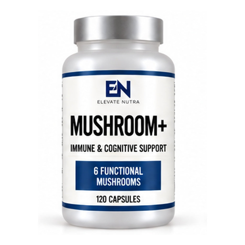 Elevate Nutra Mushroom+ 10 mushroom extract complex bottle
