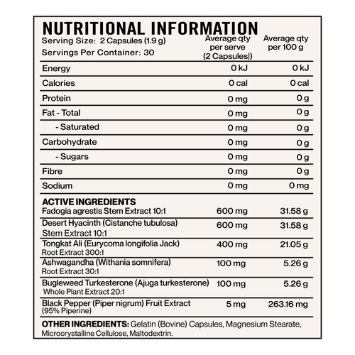 Elevate Nutra Alpha+ Botanical Complex with Tongkat Ali & Fadogia 60 Capsules supplement panel and ingredients