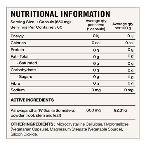 Elevate Nutra Ashwagandha 600mg 60 Capsules supplement panel and ingredients