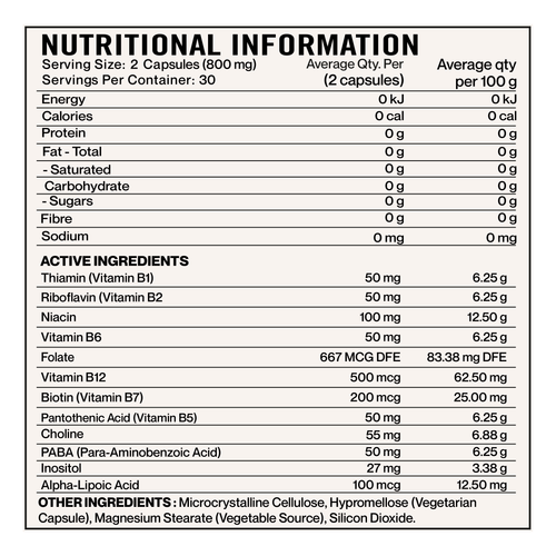 Elevate Nutra B-Complex 800mg 60 Capsules supplement panel and ingredients