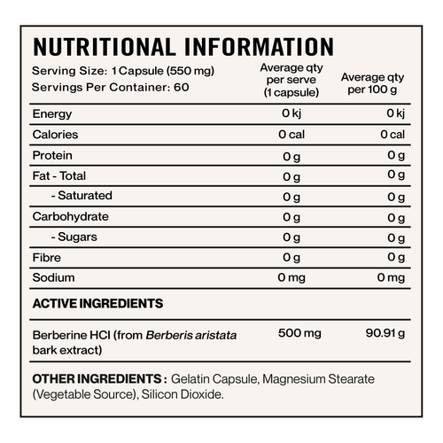 Elevate Nutra Berberine HCl 500mg 60 Capsules supplement panel and ingredients