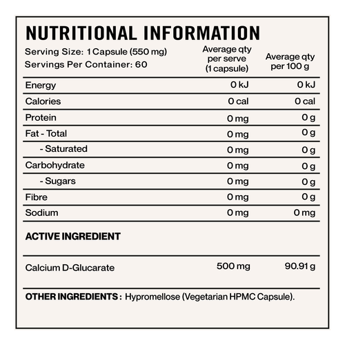 Elevate Nutra Calcium D-Glucarate 500mg 60 Capsules supplement panel and ingredients