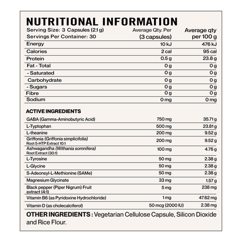 Elevate Nutra Calm+ GABA + Amino Acid Complex 90 Capsules supplement panel and ingredients
