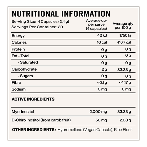 Elevate Nutra Inositol+ Myo-Inositol & D-Chiro Inositol 40:1 120 Capsules supplement panel and ingredients