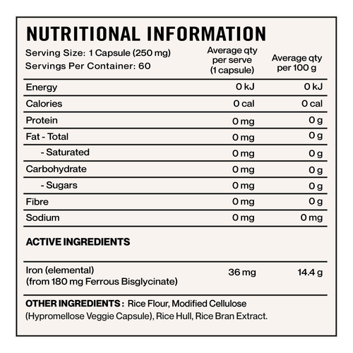 Elevate Nutra Iron Bisglycinate 36mg 60 Capsules supplement panel and ingredients