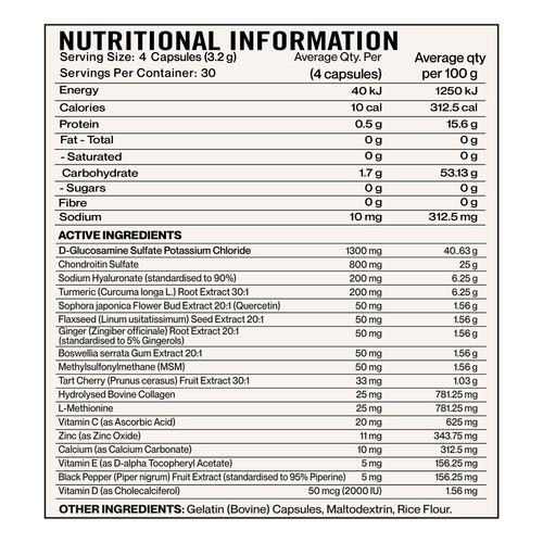Elevate Nutra Joint+ with Glucosamine, Chondroitin & MSM 120 Capsules supplement panel and ingredients