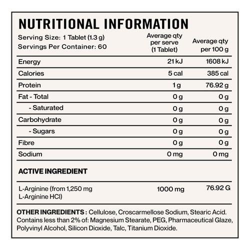Elevate Nutra L-Arginine 1000mg 60 Tablets supplement panel and ingredients