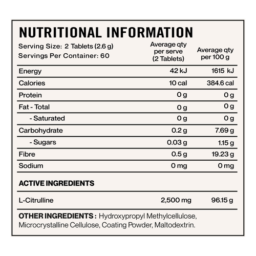 Elevate Nutra L-Citrulline 2500mg 120 Tablets supplement panel and ingredients